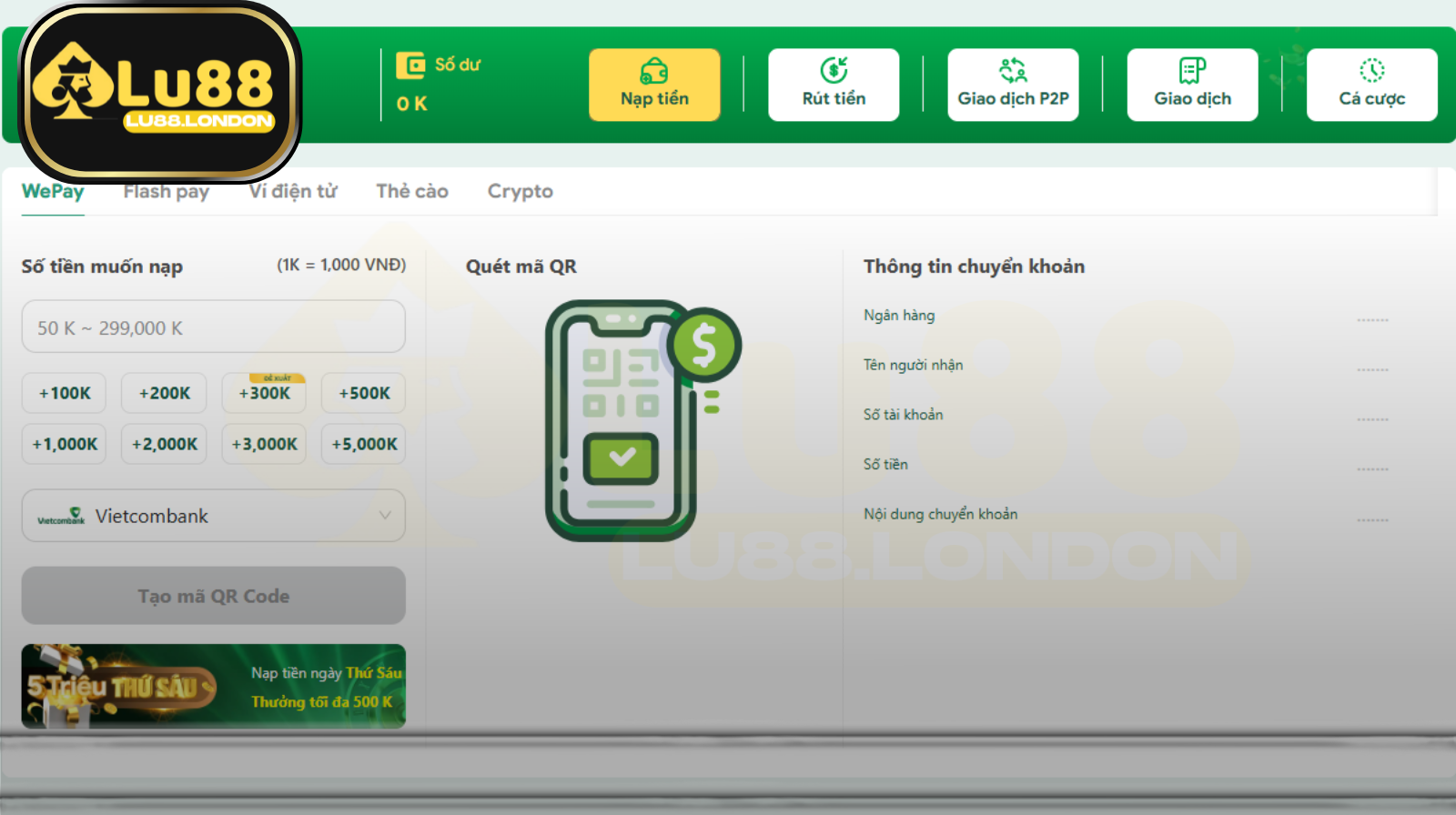 Quy trình nạp tiền LU88 được thiết kế cực kỳ đơn giản, thân thiện và phù hợp với mọi đối tượng người chơi