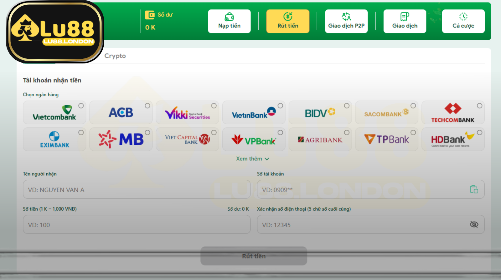 Quy trình rút tiền LU88 được thiết kế đơn giản, minh bạch và chỉ mất từ 1 đến 5 phút để hoàn tất